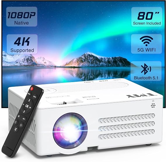 TMY Native 1080P Projector with WiFi and Bluetooth, with 80in Screen