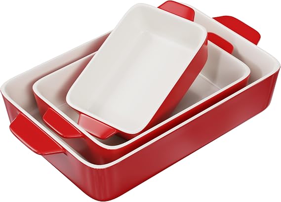 Kook Ceramic Bakeware Set, Rectangular Baking Dishes, For Casseroles, Lasagna, Cake, Small, Medium & Large Pans, Microwave & Dishwasher Safe, Set of 3, Cherry