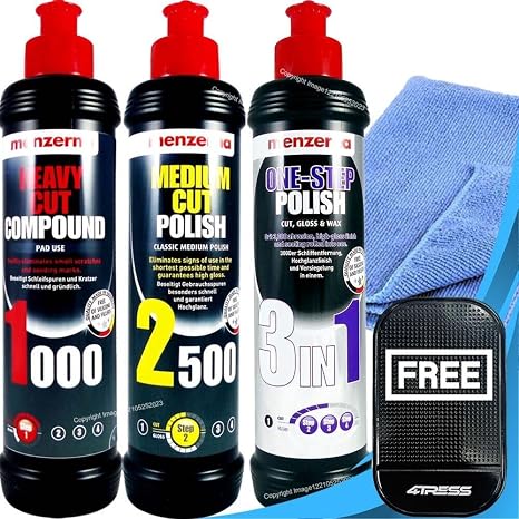 Menzerna 1 x 250ml Heavy Cut Compound 1000, 1 x 250ml Medium Cut Polish 2500, 1 x 250ml One Step Car Polish 3 In 1 for Deep Sanding Scratches with MicroFibre Cloth & Non Slip Car Dash Mat