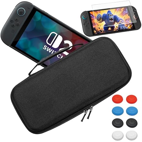 FUNLAB Switch 2 Case and Screen Protector for Nintendo Switch 2, Switch2 Carrying Cases Accessories for Travel, Hard Shell Slim Switch2 Carry Cases with Tempered Glass, 8 Thumb Grips - Black