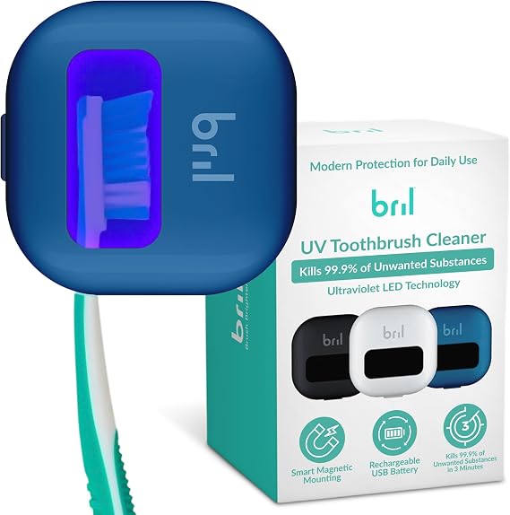 Bril UV-C Toothbrush Sanitizer and Holder Wall Mounted, Rechargeable, 30-Day Battery, Magnetic Mount, Fits Electric and Manual Brushes, Portable Travel Case, Auto-Shutoff Navy