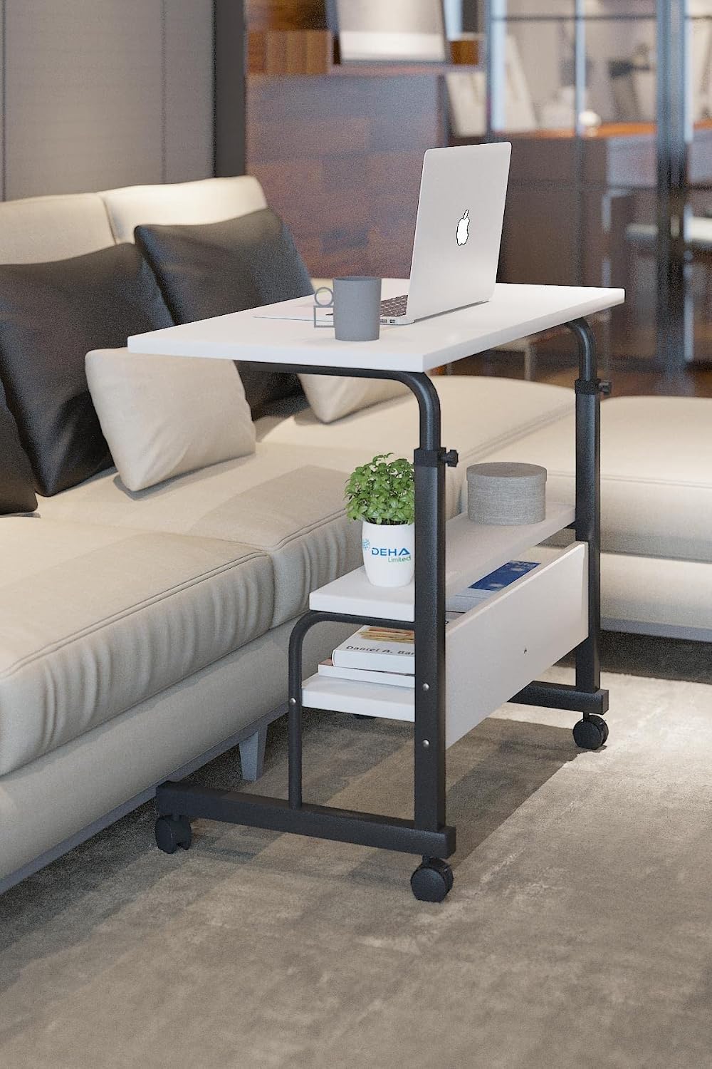 80x40 Height Adjustable Shelf Locking Wheel Portable Laptop Stand and Desk White