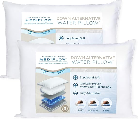 Mediflow Down Alternative Water Pillow Adjustable for Neck Pain Relief, for Side, Back, and Stomach Sleepers, The Original Inventor of The Water Pillow, (Twin Pack)
