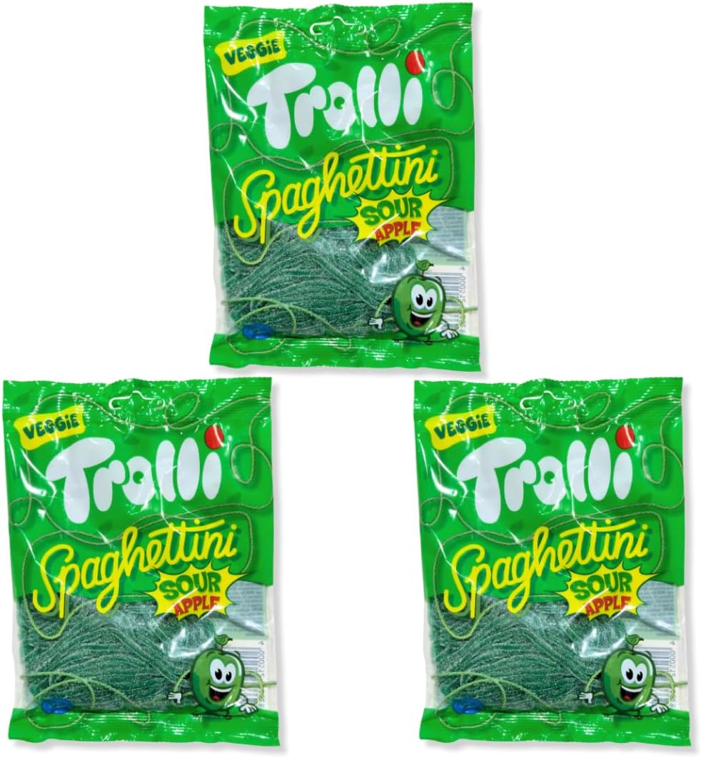 Trolli Trolli Spaghetti Sour Apple, 3.5 oz 100 g, 3 Bags, Sour Spaghetti Apple Flavor, Apple Flavor, Gummy, Candy, Sour Powder, Imported, Overseas Sweets, 7RabbitRiogrand Original Sticker Included