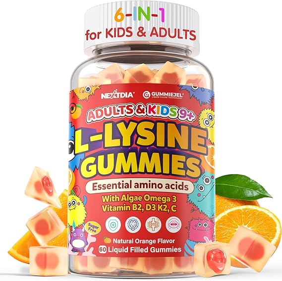 L-Lysine Gummies 500/1000mg with Algae Omega 3, Vitamin B2, D3, K2, C for Kids 9+, Teen & Adult, Lysine Supplement Support Immune, Lip & Oral, Collagen Production, Brain, Bone Health, Sugar Free 1Pack