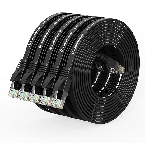 CableGeeker Cat 6 Flat Ethernet Cable 10ft 5Pack, 10Gbps, Black