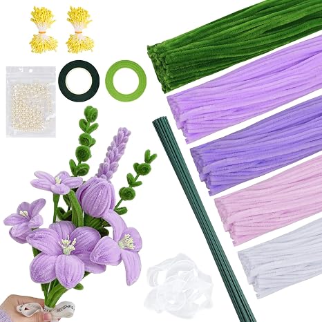500pcs Pipe Cleaners for Craft, Pipe Cleaners for Lavender and Tulip Bouquets, 30cm Chenille Stems, Fuzzy Sticks for Flower DIY Craft Kit Gift Includes Florist Tape, Florist Wire and Ribbon (Purple)