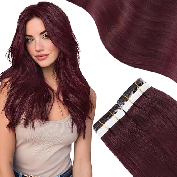 Moresoo Burgundy Tape in Hair Extensions Human Hair Invisible Tape in Extensions Real Hair Wine Red Extensions Glue in Human Hair Seamless Extensions Straight #99J 20pcs 30g 12 Inch
