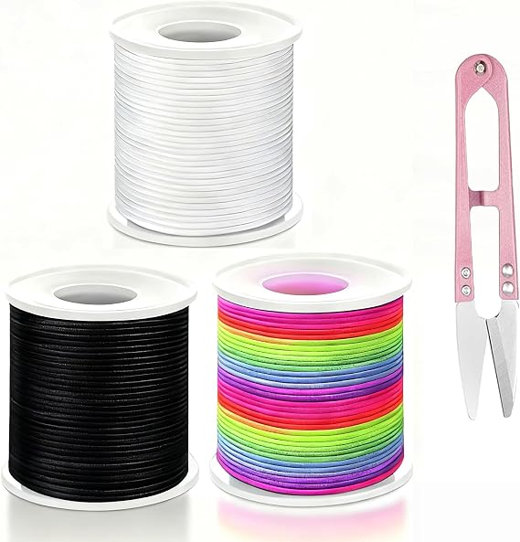 Elastic Bracelet String,3 Rolls Total 495 Feet 1mm,1.2mm Stretchy String Sturdy Elastic Beading Cord Kit with Scissors for Bracelets,Jewelry Making,Nacklace,Beading(Black+White+Colorful, 1MM)