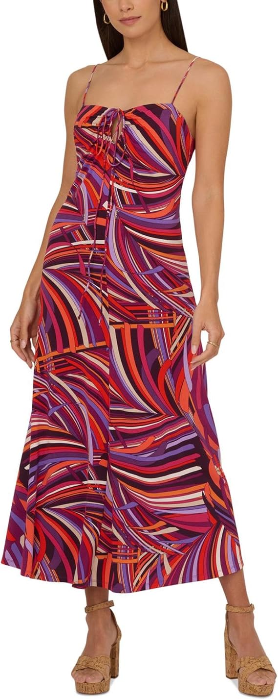 Retro Print Jersey Maxi Dress Tie Front Keyhole Neckline In Purple Multi