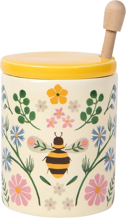 Now Designs Bee Garden Honey Pot with Birch Dipper, Stoneware, 10 oz Capacity, DIA3 x H4in, Dishwasher & Microwave Safe