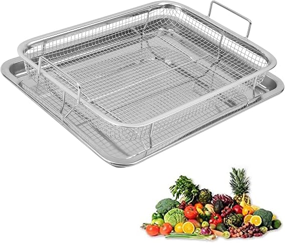 UpgradeSilicone 2 pieces air fryer basket for oven, air fryer tray 14.8 x 10.5 Inchair Oven air fryer basket set, French fries/bacon/chicken air fryer basket (silver)