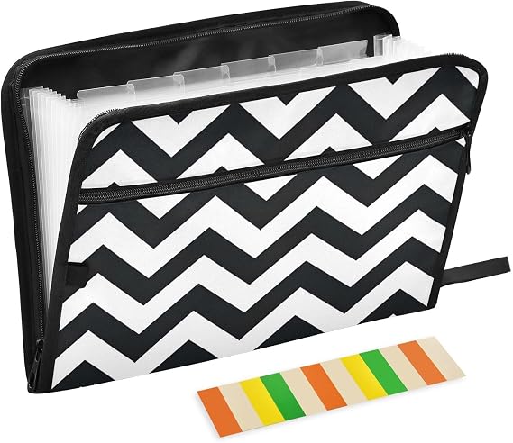 Black White Wave Expanding File Folder with Sticky Labels 13 Pocket, Accordion File Folder, Letter A4 Paper Document Organizer Expanding Zip File Folder with Zipper Closure