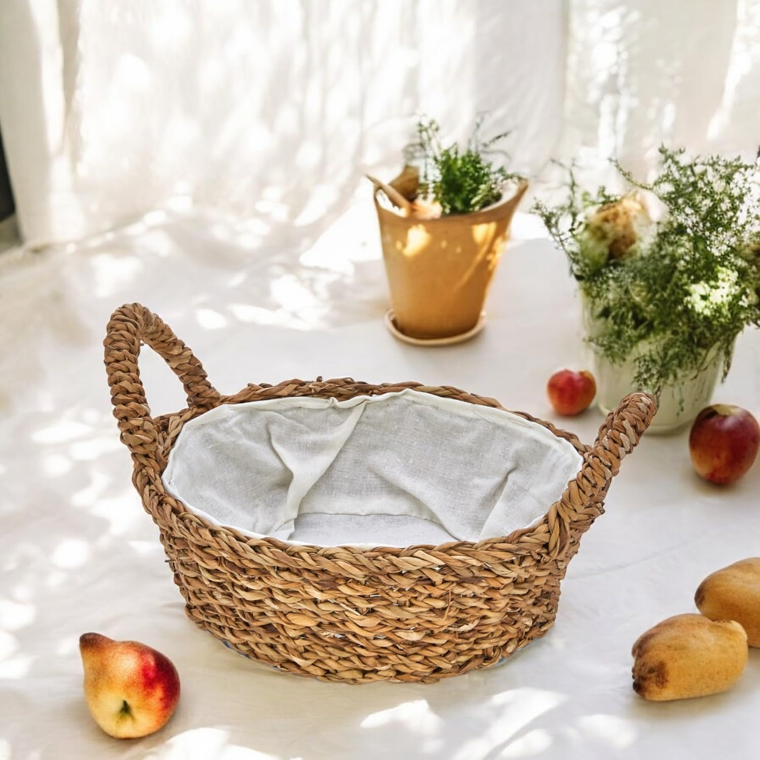 Deconox Handmade Natural Wicker Multi-Purpose Decorative Round Basket with Handles, Bread Basket with Wicker Handles 27x8cm