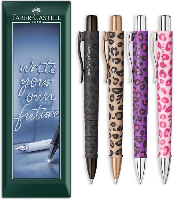 Faber-Castell Poly Ball XB Ballpoint Pen Leo Edition - Extra Broad Nib - Novelty Animal Themed Multicoloured Barrels, Blue Ink - Envelope Gift Pack of 4 Pens