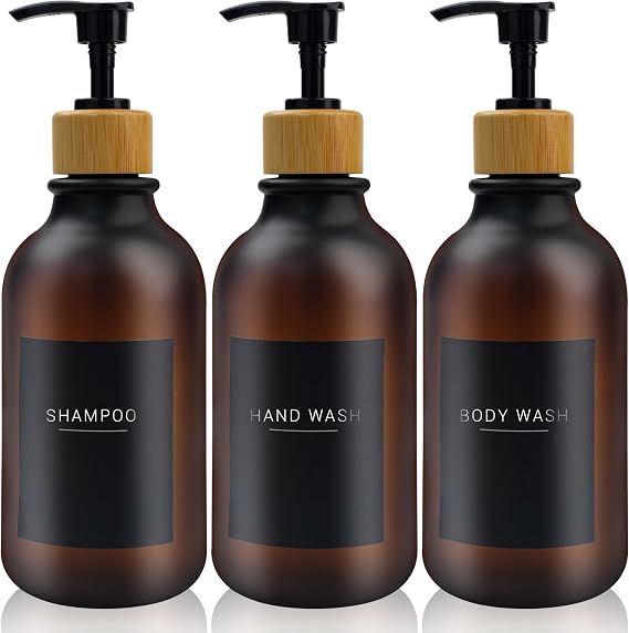 3 pcs 500ml Soap Dispenser with Black Label Lotion Dispenser Made of PET Plastic Empty Bottle Suitable for Bathrooms (Amber)