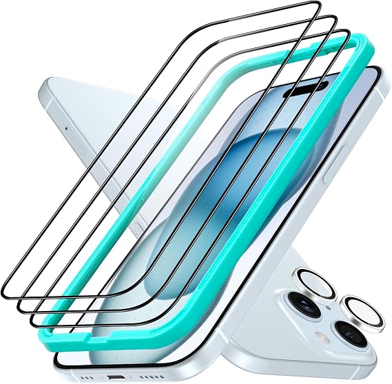 ESR 3+1 Pack for iPhone 15 Screen Protector, [9H Hardness] [Military Grade Shatterproof] Full Coverage Ultra-tough Tempered Glass Film with Easy Installation Frame, 1 Set of Camera Lens Protector | Military Grade Shatterproof, 9H Tempered Glass, Full-Coverage Protection, Easy Installation Tool, with Camera Lens Protector