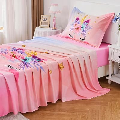 VIVILINEN Twin Size Bed Sheets Set for Kids Girls 3 Piece Pink Unicorn Kids Sheets Set Toddler Twin Bedding Set Include Flat Sheet, Deep Pocket Fitted Sheet and Pillowcase