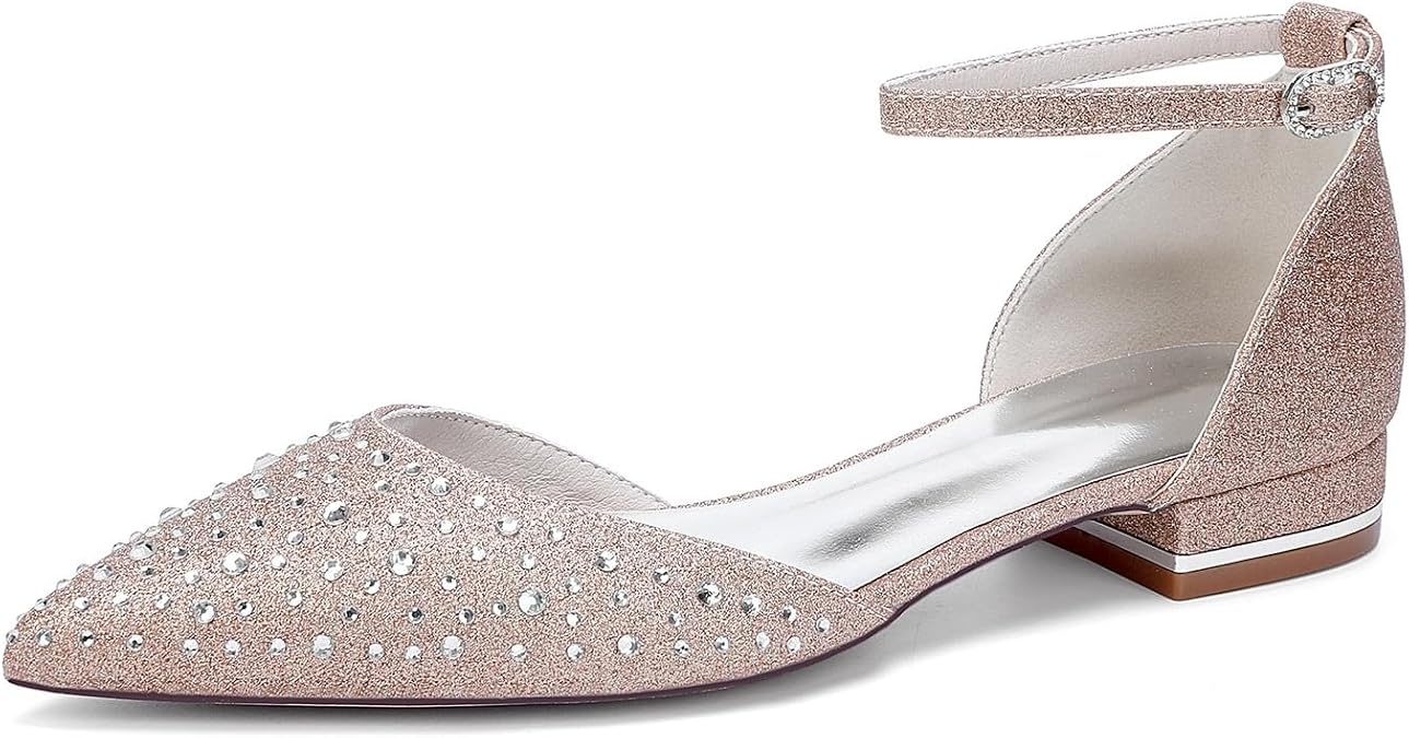 Pointed Toe Crystal Wedding Shoes Ankle Strap D'Orsay Style Bridal Bridesmaid Evening Pumps