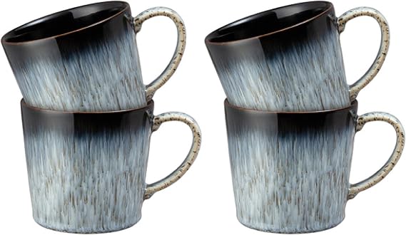 Denby - Halo Large Coffee Mug Set of 4-13.5 Ounce Heritage Reactive Glaze, Stoneware Tea Mug Set For Office & Home - Dishwasher Safe, Microwave Safe - Ceramic Tea Cups With Grey, Black Glaze