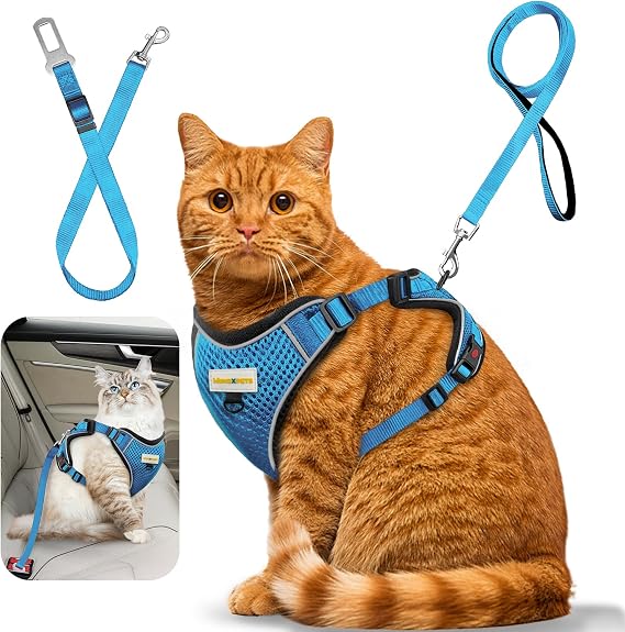 MingXpets Cat Harness and Leash for Walking, Retractable Cat Harnesses and Leash Set Escape Proof, Breathable Soft Kitten Small Large Harness for Travel Training and Walking, Blue, M