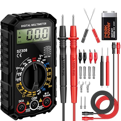 ANENG SZ308 Digital Multimeter Tester, AC/DC Volt Ohm Meter, Battery Tester | Measures Voltage,Current,Resistance,Continuity,Diodes for Household Electrical Repairs and Automotive Battery Testing(Black)