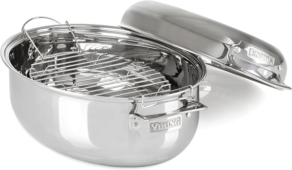 Viking 3-Ply Oval Roasting Pan, 8.5 Quart, Stainless Steel Kitchen Cookware with Metal Induction Lid and Rack, Great for Turkey, Dishwasher and Oven Safe, Silver