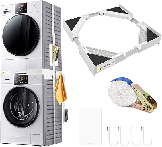 Washer Dryer Stacking Kit Universal, Washing Machine Stacking Kits with 8 Anti Vibration Foot Pads and Ratchet Ropes, Adjustable Frame for 44.5-70 CM Stackable Washer/Dryer with 4 Hooks, White
