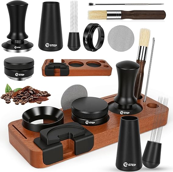 Y-Step 8 PCS Espresso Machine Accessories Kit: 53mm Espresso Tamper Tools, with Wood Coffee Espresso Tamping Station, WDT Tool, Distributor, Stirrer, Dosing Funnel, Brush, Puck Screen, Latte Art Pen 