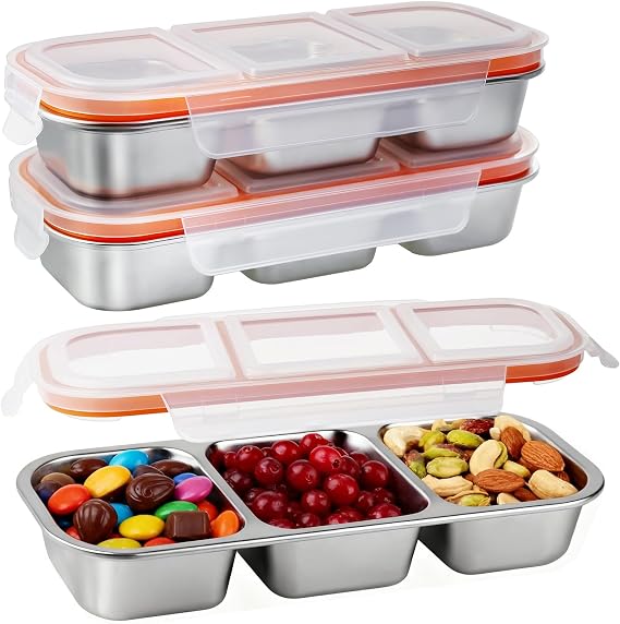 Greentainer Stainless Steel Snack Box with 3 compartments, Snack Container, Bento Box Lunch Container with Lid, Divided Salad Box for Candies Spices Nuts Cookies Vegetables,3 Pack