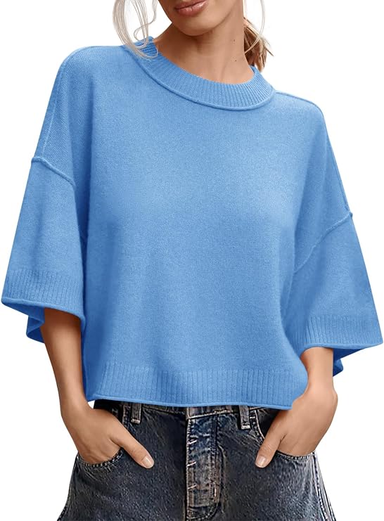 Saodimallsu Womens Short Sleeve Sweater Oversized Cropped Sweaters Knit Top