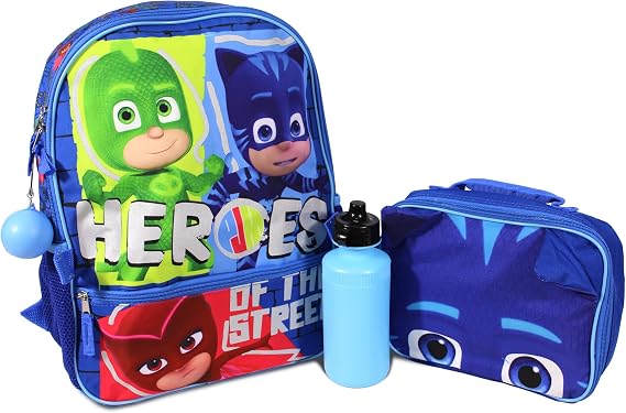 PJ MASKS Girls & Boys Pre School 4 Piece Backpack Set; Catboy, Gekko,& Owlette Kids 16" School Bag Front Zip Pocket, Blue