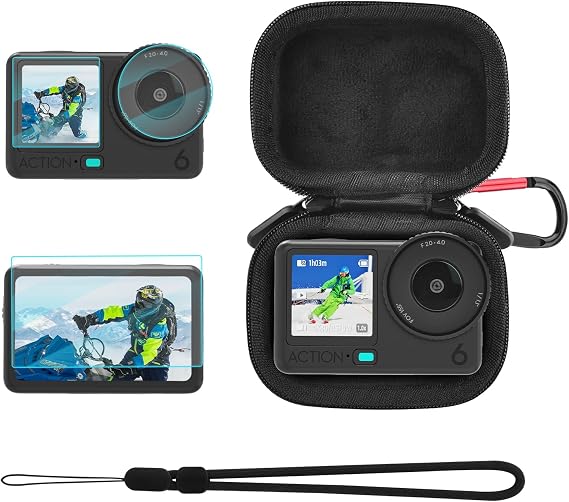 Small Carrying Case + Screen Protector for DJI Osmo Action 6, PU Hard Portable Travel Storage Bag with Carabiner & Wrist Strap, Tempered Glass Film Protective Lens Cover Accessories Kit