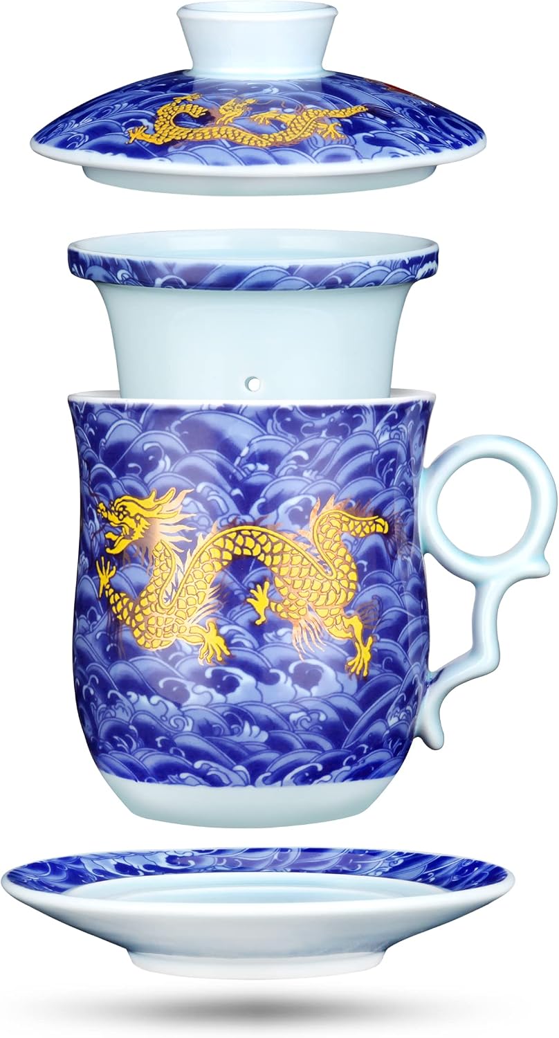 YURROAD 400ml Chinese Tea Cup with Lids Infuser Strainer Saucer, Dragon Pattern, Ceramic Tea Mug for Home Office - Blue TC400