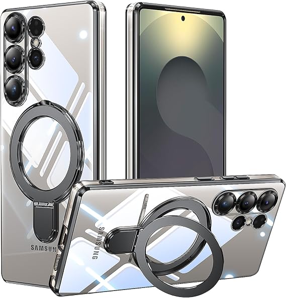Magnetic Case for Galaxy S25 Ultra with O-Ring Stand, Clear Slim Soft Edge Case for Women Men Girls Boys Drop Protection Shockproof Slim Fit Durable Stylish Cover for Galaxy S25 Ultra, Black 15.10
