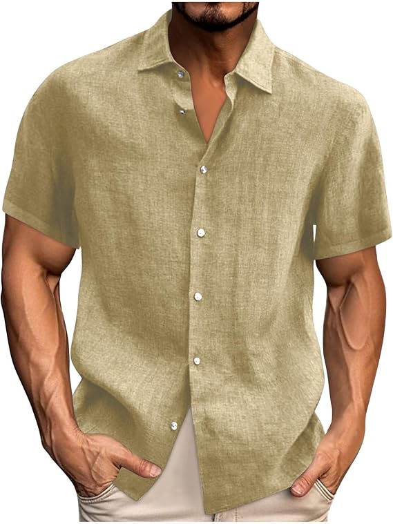 Linen Shirts for Men Clearance, Summer Solid Color Tops Pullovers Button Down Beach Tshirt Vacation Short Sleeve Casual Beach Cotton Shirt Breathable Business Work Tees Plus Size S-3XL