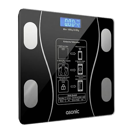 Asonic Akıllı Dijital Bluetooth Baskül - 180 kg Kapasite, Vücut Analiz Özellikli, Temperli Cam, Siyah