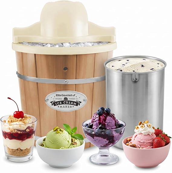 Elite Gourmet EIM-924L 4Qt Old Fashioned Wood Bucket Ice Cream Maker, Pine