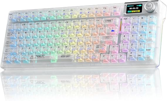 AULA F98Pro V3 Wireless Mechanical Keyboard with Display&Knob,BT5.0/2.4G/USB-C Wired,Gasket Structure,RGB,Transparent Keycaps,10000mAh,Creamy Sound,Hot Swap,Custom Keyboard for Gaming/Office (White)