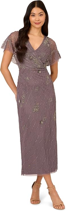 Adrianna Papell Women's Bead Flutter Sleeve Long Dress