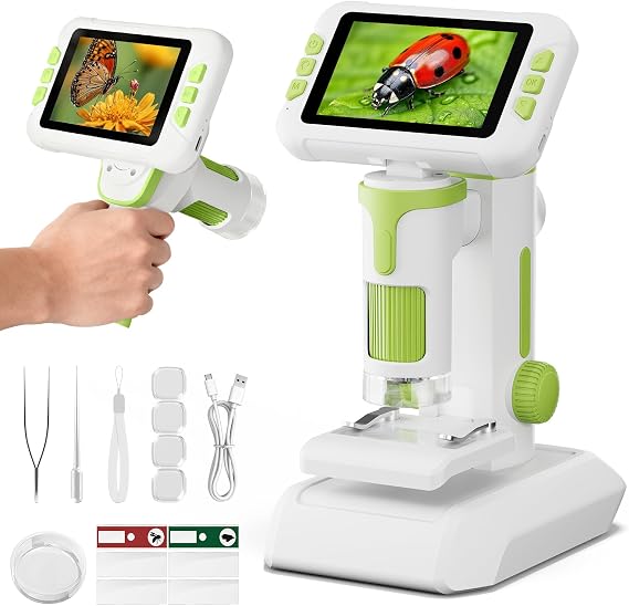 1600X Microscope for Children 1080P 4.0 Inch IPS Screen Children's Microscope with Photo & Video Recording Scientific Experiments Set Boys Girls 3-14 Years (Green)