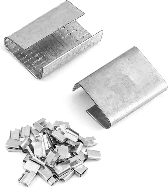 QWORK Seals for 5/8" Strap Width Steel Strapping, 500 Pcs Metal Clips for Firmly Securing Packaging and Pallet Banding, Fix Large and Medium-Sized Loads for Storage and Transportation