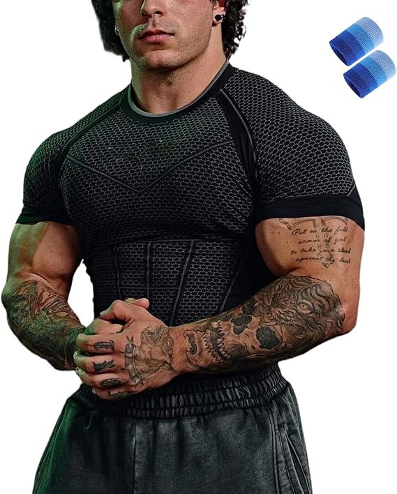 Mens Compression Shirt, Printing Short Sleeve Cool Dry Athletic Shapewear, Workout Slimming T-Shirt for Sports Gym Running