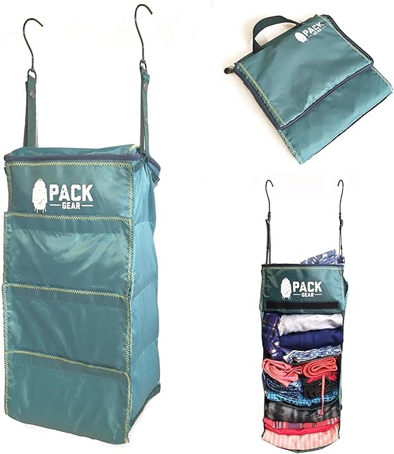 Pack Gear Suitcase Organizer | Pack More in your Large or Carry On Luggage | Unpack Instantly - Compression Packing Cubes for Suitcases | Hanging Shelf Organizer for Closet (Green-Velcro)(Carry-On)