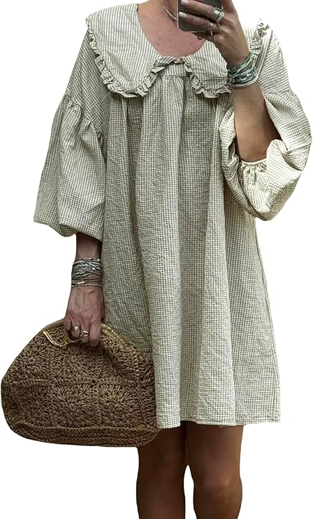 Women's Cute Ruffle Collar Babydoll Dress Puff Half Sleeves Plaid Print Mini Dresses Summer Loose Flowy Short Dress