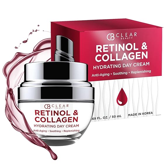 Clear Beauty Retinol & Collagen Face Moisturizer - Dermatologist Tested, Anti Aging Korean Skin Care - Firming Day Cream, Smooths Lines, Hydrates & Minimizes Pores - Vegan, Clean Beauty - 1.69 Fl Oz