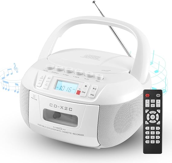 CD and Cassette Player Combo Boombox with Bluetooth & AM/FM Radio | Tape Recorder, AUX & USB Playback, Stereo Speakers, Remote Control, Headphone Jack, LCD Display, AC/DC Power Supply for Home