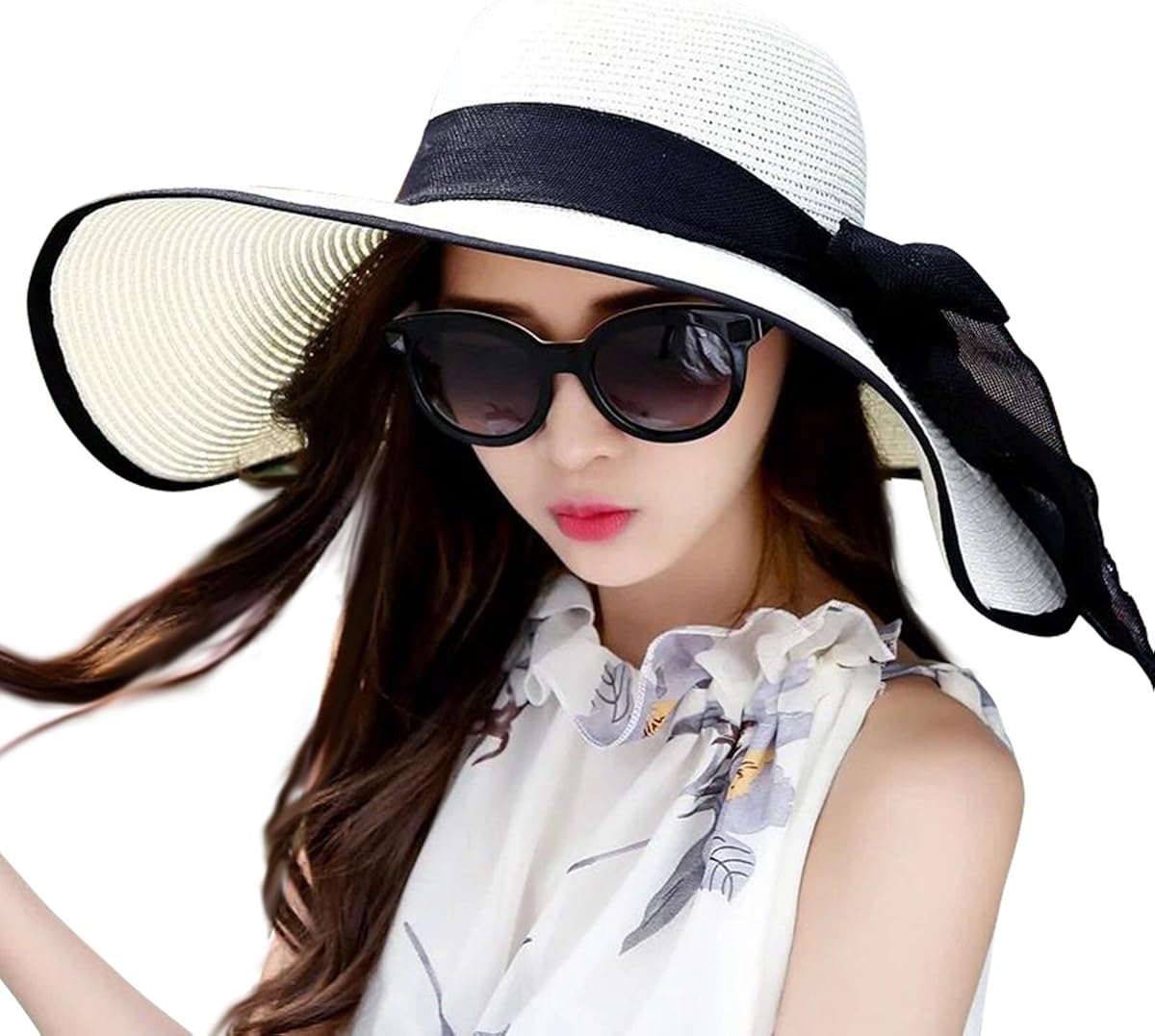 Lanzom Womens Big Bowknot Straw Hat Large Foldable Roll up Sun Hat Beach Cap UPF 50