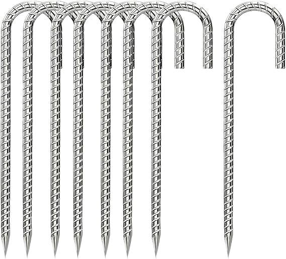 8Packs 12inch Tent Pegs Heavy Duty Trampoline Tents Anchor Ground Pegs - Galvanized Steel Rust-Proof J Hook Rebar Stakes Fit Trampolines Outdoor Camp Garden Shed Swings Canopies with Chisel Point End