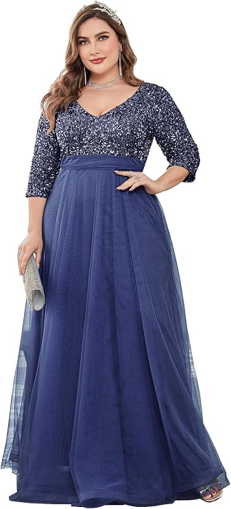 XUIBOL Plus Size Midnight Bridesmaid Evening Gown Diva Women's Floor Length Sequined Prom Dress Elbow Sleeves